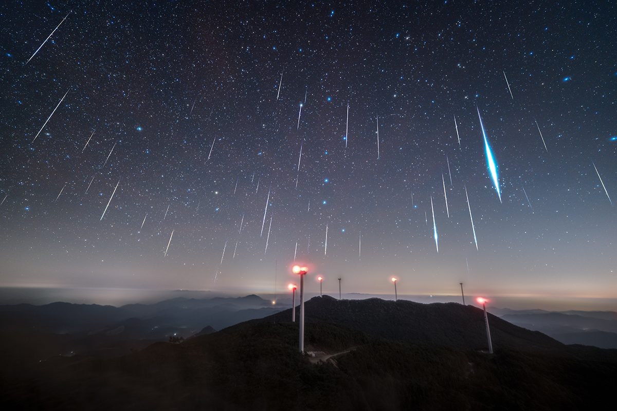 Meteor Shower Over the Big Dipper © ZhiPu Wang (China), Skyscapes category. Taken with a Nikon Z f camera, Viltrox 16 mm lens, 16 mm f/2, ISO 8000, 4-second exposure. Location: Sanming, Fujian Province, China, 15 December 2025