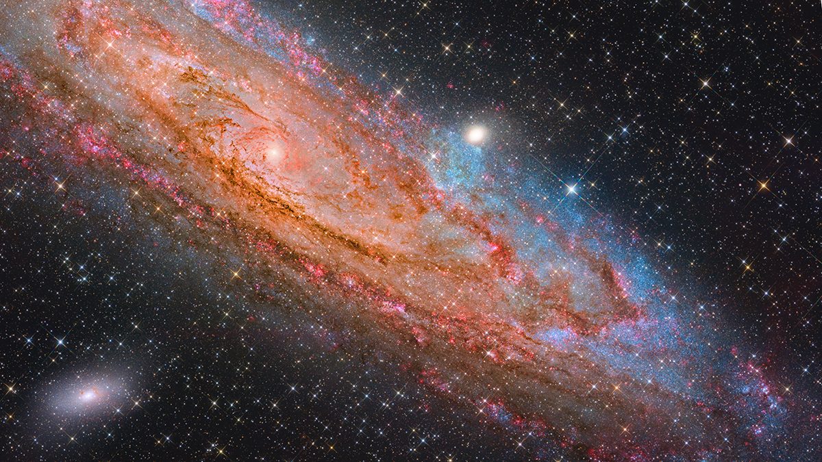 The Crimson Vortex and Sapphire Blossoms of Andromeda © Chuhong Yu and Zuoming Wang (Both China), Galaxies category. Taken with a Sky Rover 130 mm APO Pro telescope, ScorpioAstro 50-mm LRGB and 7-nm H-alpha and OIII filters, Sky-Watcher AZ-EQ6 PRO mount, QHYCCD QHY600PH-M SBFL (short back focal length) camera, 910 mm f/7, 111 hours and 25 minutes total exposure. Location: Zhuanghe City, Liaoning Province, China, 26–27, 29–31 August, 1–2, 13–24, 26–29 September and 16–21 October 2025