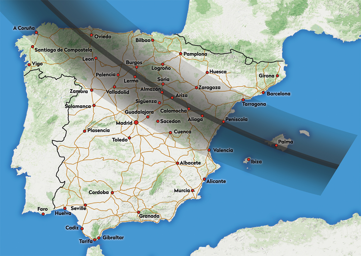 Map showing the path of the total solar eclipse across Spain and Portugal, 12 August 2026. The central black line is the path of totality, from where a total solar eclipse can be seen. Credit: BBC Sky at Night Magazine / Paul Wootton