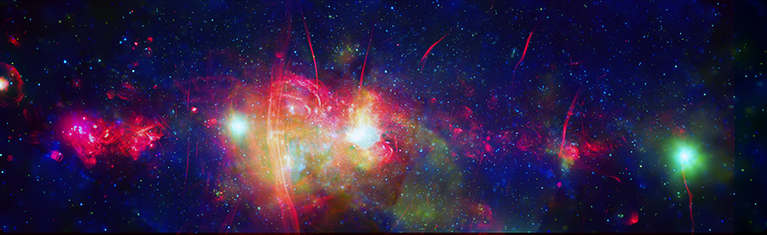 The brightest part on the far right of this image Sagittarius A*, the supermassive black hole at the centre of our galaxy. Credit: X-Ray: NASA/CXC/UMass/D.Wang et al.; Radio: SARAO/MeerKAT