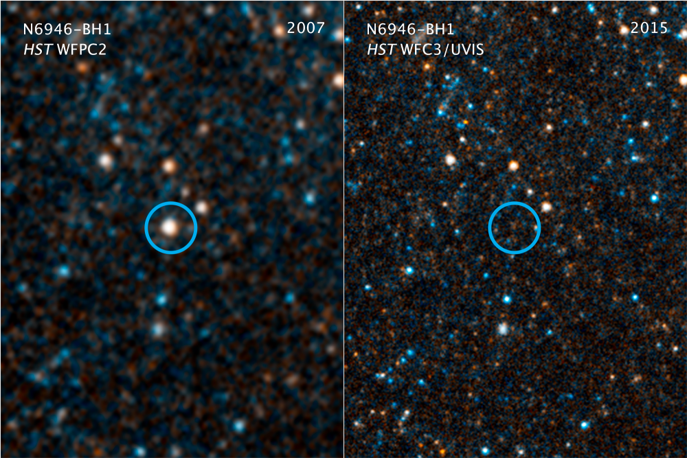 Hubble Space Telescope images show giant star N6946-BH1 before and after it vanished from sight by imploding to form a black hole. Credits NASA, ESA, and C. Kochanek (OSU)