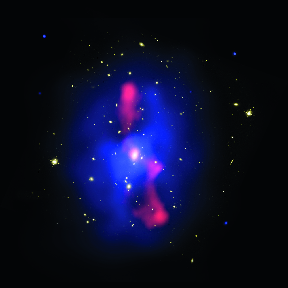 2 November 2006 Three views of this galaxy cluster make up this image: Hubble’s show the galaxies in yellow, Chandra’s show X-ray-emitting hot gas in blue, which has been pushed aside by jets of high-energy particles from a black hole imaged by the Very Large Array in red.