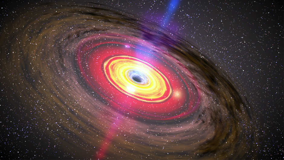 This artist's concept shows a black hole with an accretion disk expelling a jet of hot gas, called plasma. Credit: NASA/JPL-Caltech
