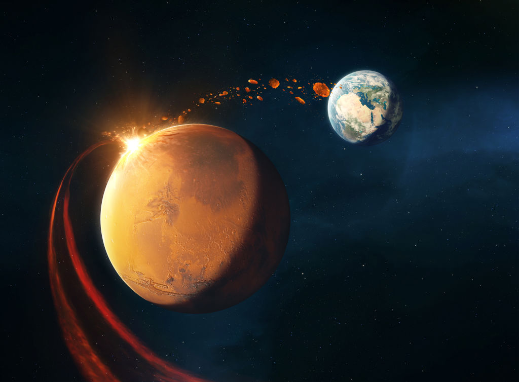 Illustration of the lithopanspermia theory of life on Earth. Illustration by Tobias Roetsch/Future Publishing via Getty Images