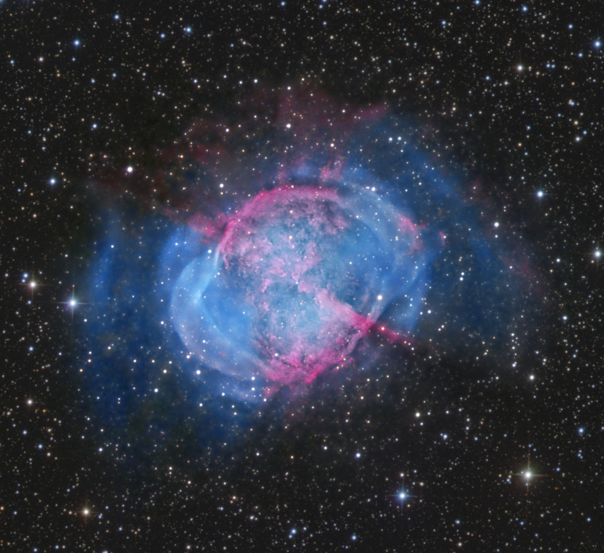 The Dumbbell Nebula, Francis Bozon, remotely via Alentejo Remote Observatory, Portugal, 4 August - 28 September 2022 Equipment: Moravian G3-16200 camera, Astrosib RC 400 Ritchey-Chretien telescope, ASA DDM85 direct-drive mount