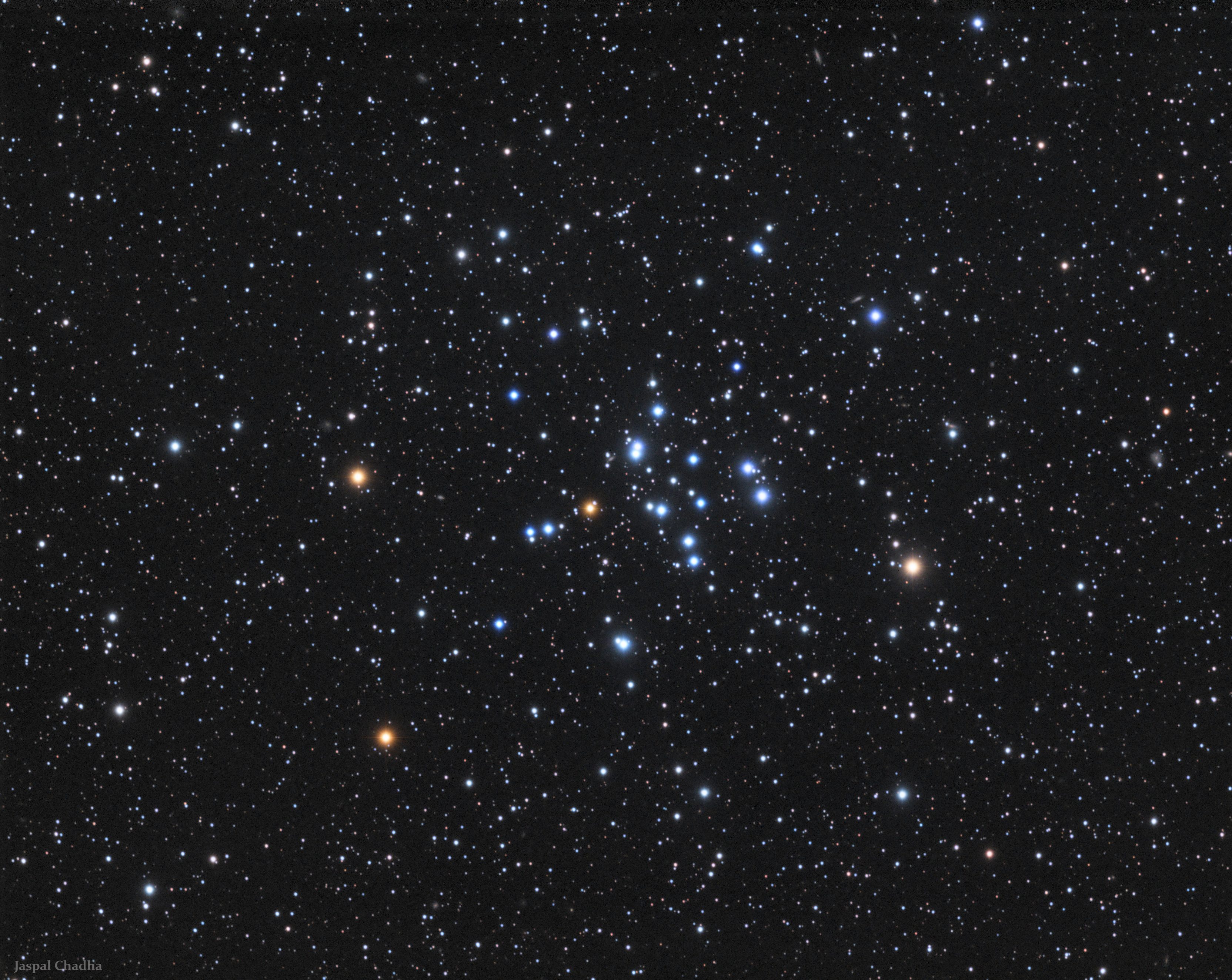 M34 Cluster by Jaspal Chadha, London, UK. Equipment: Tak 130 Telescope, Ioptron CEM60 Mount, QSI 690 CCD, LRGB