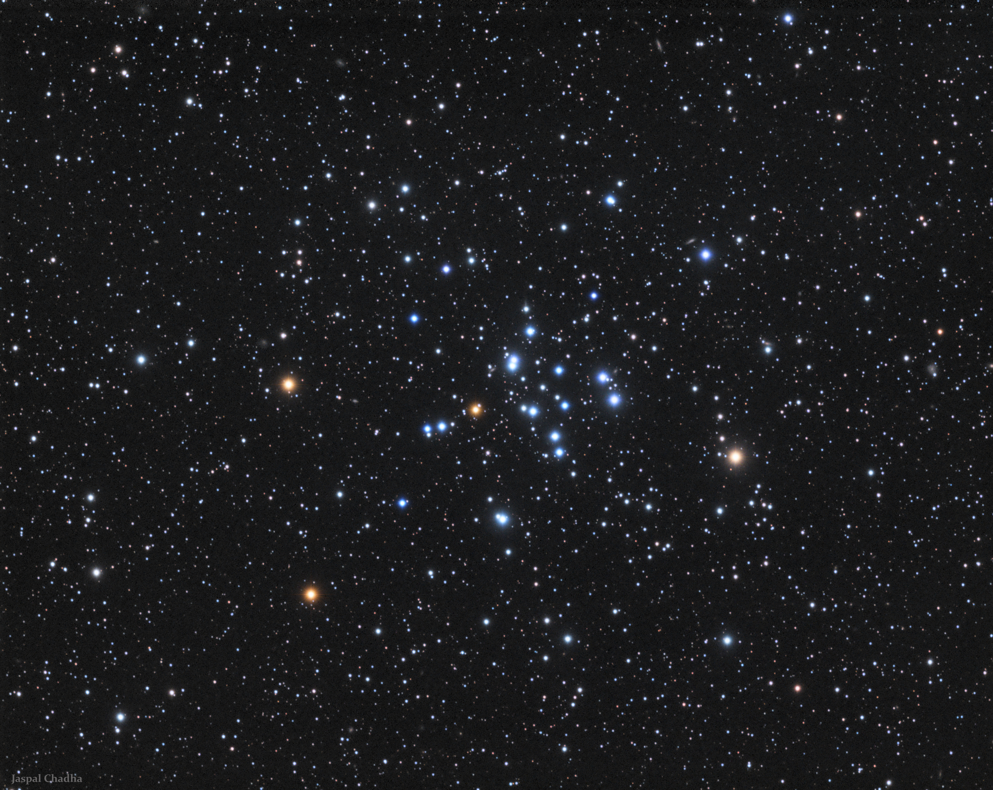 M34 Cluster by Jaspal Chadha, London, UK. Equipment: Tak 130 Telescope, Ioptron CEM60 Mount, QSI 690 CCD, LRGB