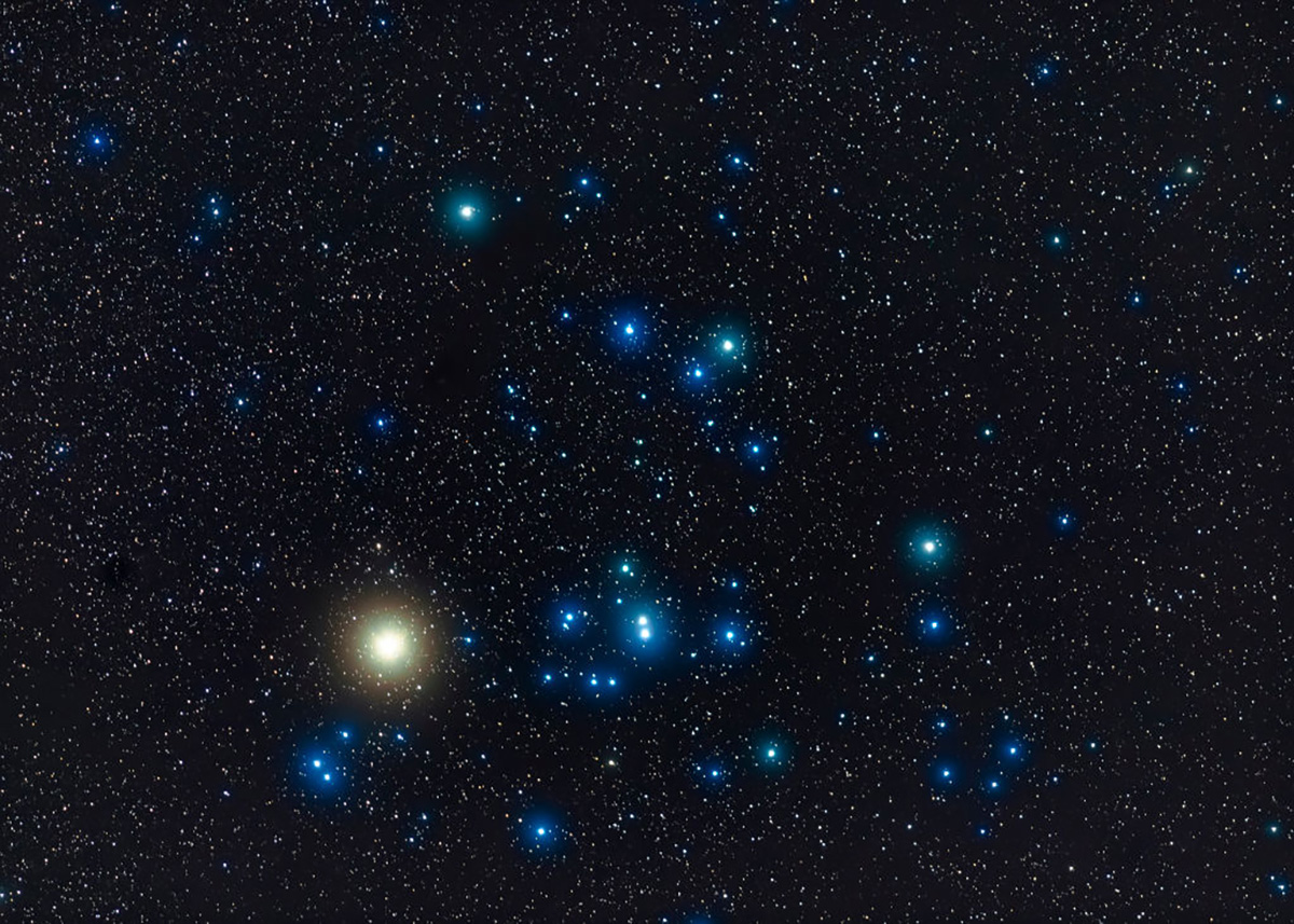 The sideways 'V' shaped Hyades star cluster with red giant star Aldebaran in Taurus. Photo by: Alan Dyer/VW PICS/Universal Images Group via Getty Images