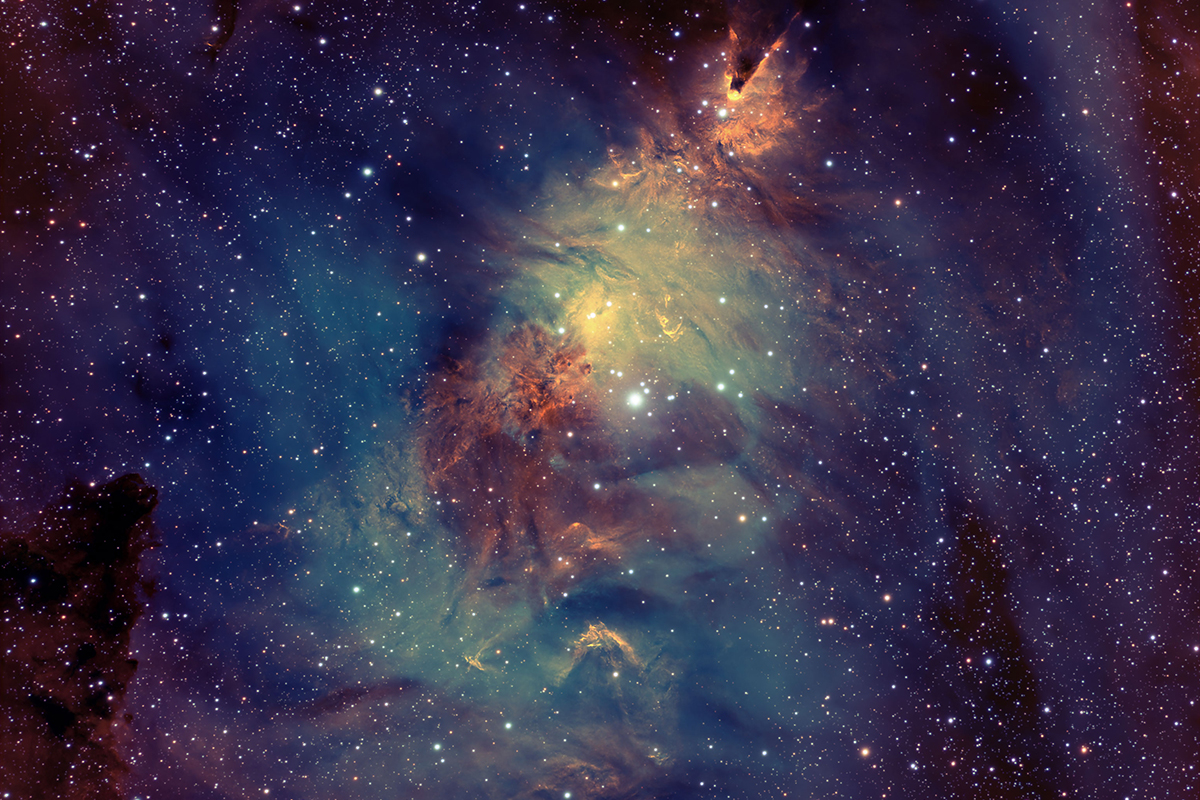 The Cone Nebula and Christmas Tree Cluster, by Bill Lowry, Chiddingstone Hoath, Kent, UK, 2–4 January and 26 March 2025. Equipment: ZWO ASI2600MM Pro camera, William Optics GT-81 IV refractor, Sky-Watcher EQ6-R Pro mount. Exposure: Ha 10x 1,200”, OIII 21x 1,200”, SII 14x 1,200”, LRGB 40x 30” each, total 13h 20’. Software: PixInsight