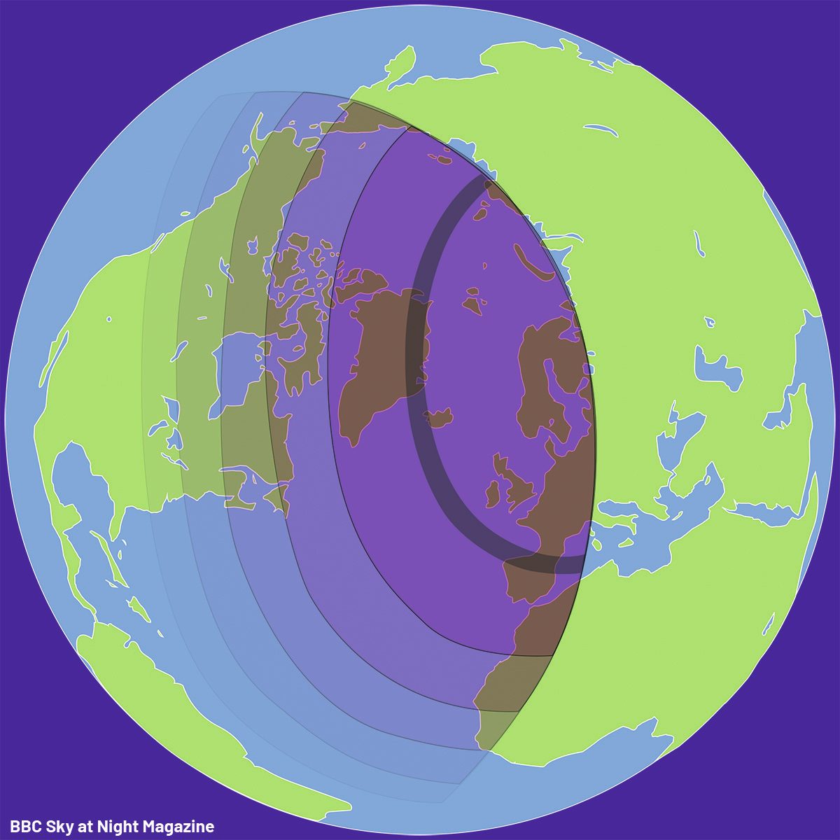 Une carte montrant la trajectoire de l'éclipse totale de Soleil du 12 août 2026. Les voies publiques sont représentées par des lignes sombres et fines. Les observateurs de chaque côté de cette ligne verront une éclipse solaire partielle. Crédit : BBC Sky at Night Magazine / Paul Wootton