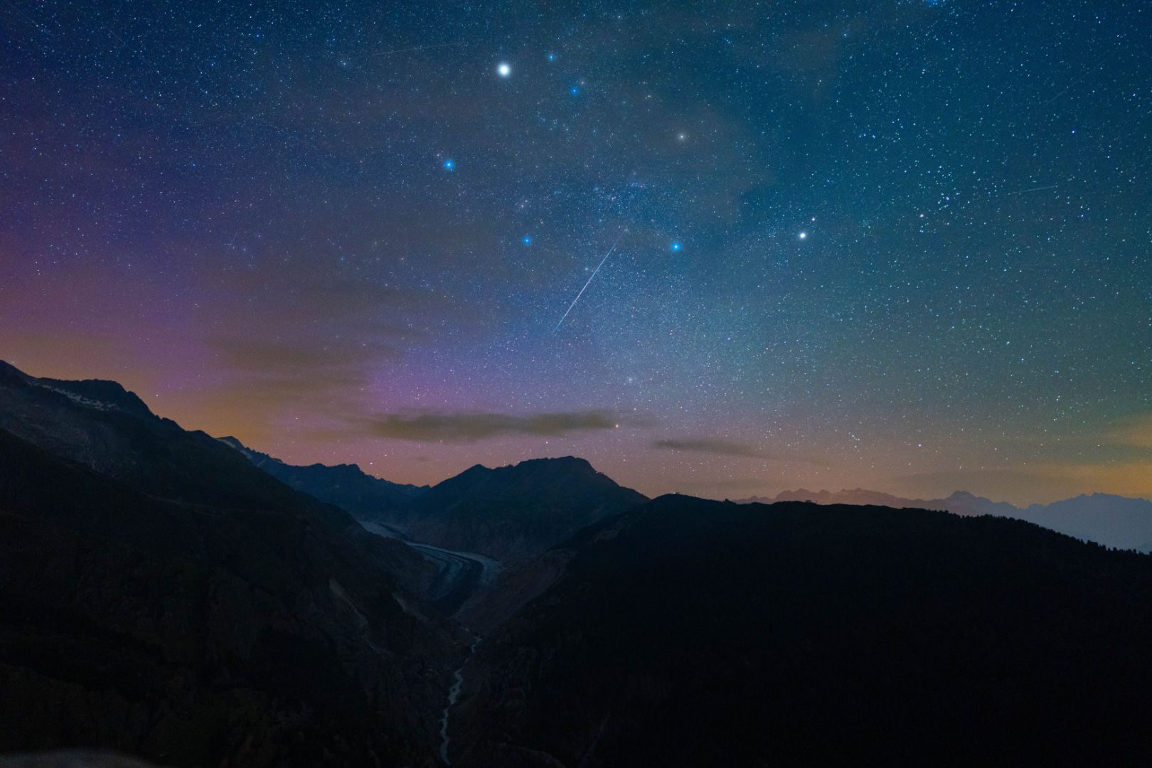 Perseid meteors and the aurora captured by Meena Singele, Belalp, Switzerland, 11 August 2024