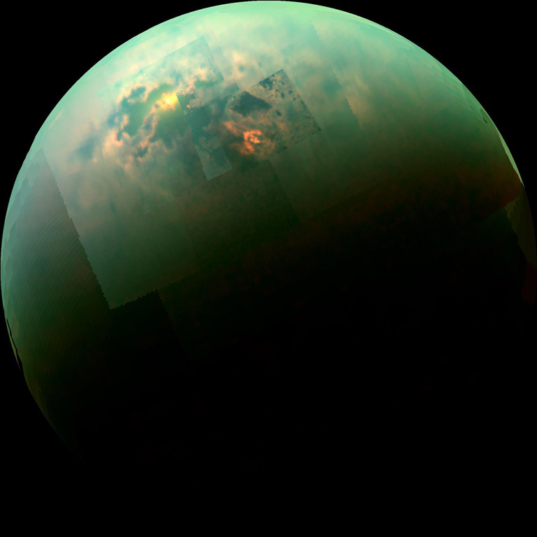 Near-infrared colour mosaic of Titan’s north pole showing the sunlight reflecting off its seas. (Credit: NASA/JPL-Caltech/Univ. Arizona/Univ. Idaho)
