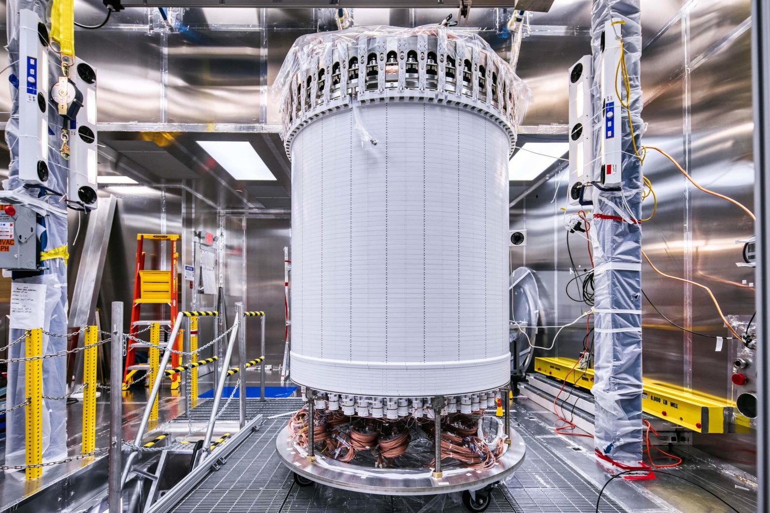 The LZ central detector in the clean room at Sanford Underground Research Facility after assembly, before its journey underground. Credit: Matthew Kapust/Sanford Underground Research Laboratory