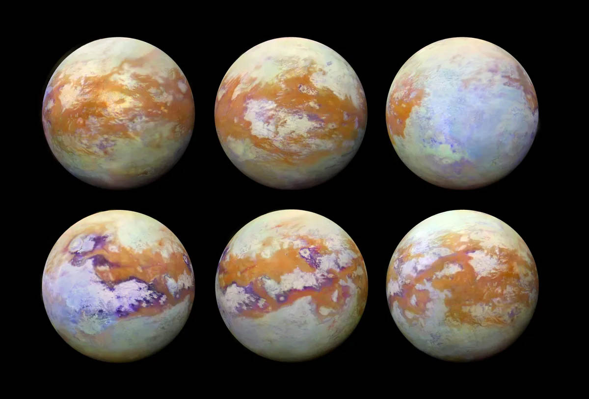 Infrared images of Saturn's moon Titan, captured by NASA's Cassini spacecraft. Credit: NASA/JPL-Caltech/Stéphane Le Mouélic, University Of Nantes, Virginia Pasek, University Of Arizona