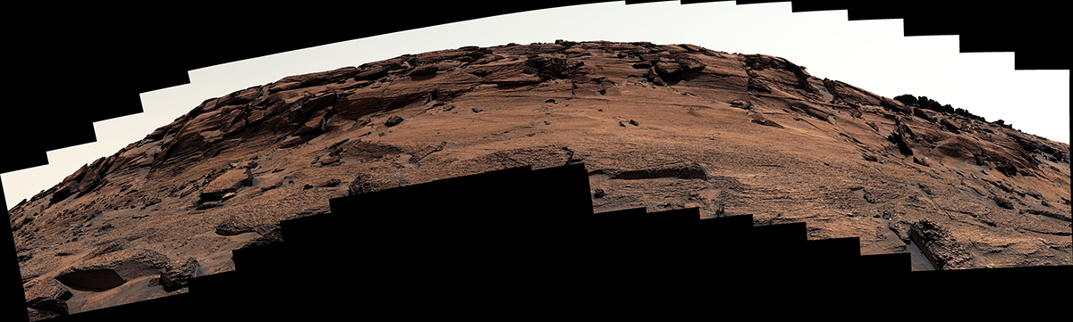 A Curiosity Mars rover image of a mound of rock nicknamed 'East Cliffs' on 7 May 2022. This is the image that contains the door-shaped fracture that became famous when it was first shared online. In reality, the 'door' is only 30cm (12 inches) tall and 40cm (16 inches) wide. Credit: NASA/JPL-Caltech/MSSS