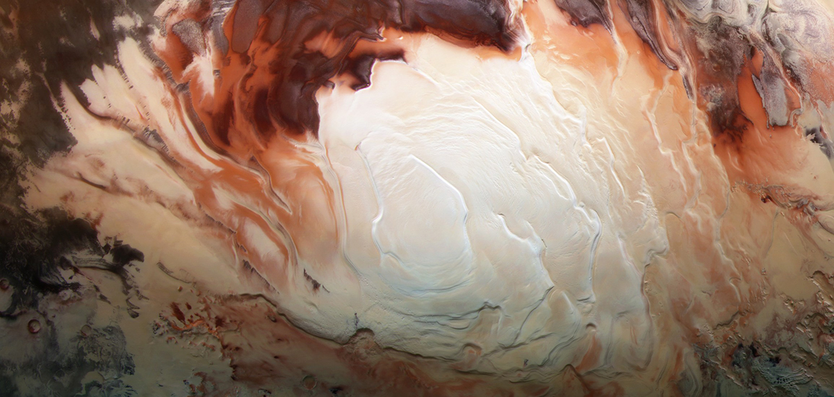 Snow and muddy Martian soil at Mars's South Pole, as seen by the Mars Express orbiter. Credit: ESA/DLR/FU Berlin / Bill Dunford