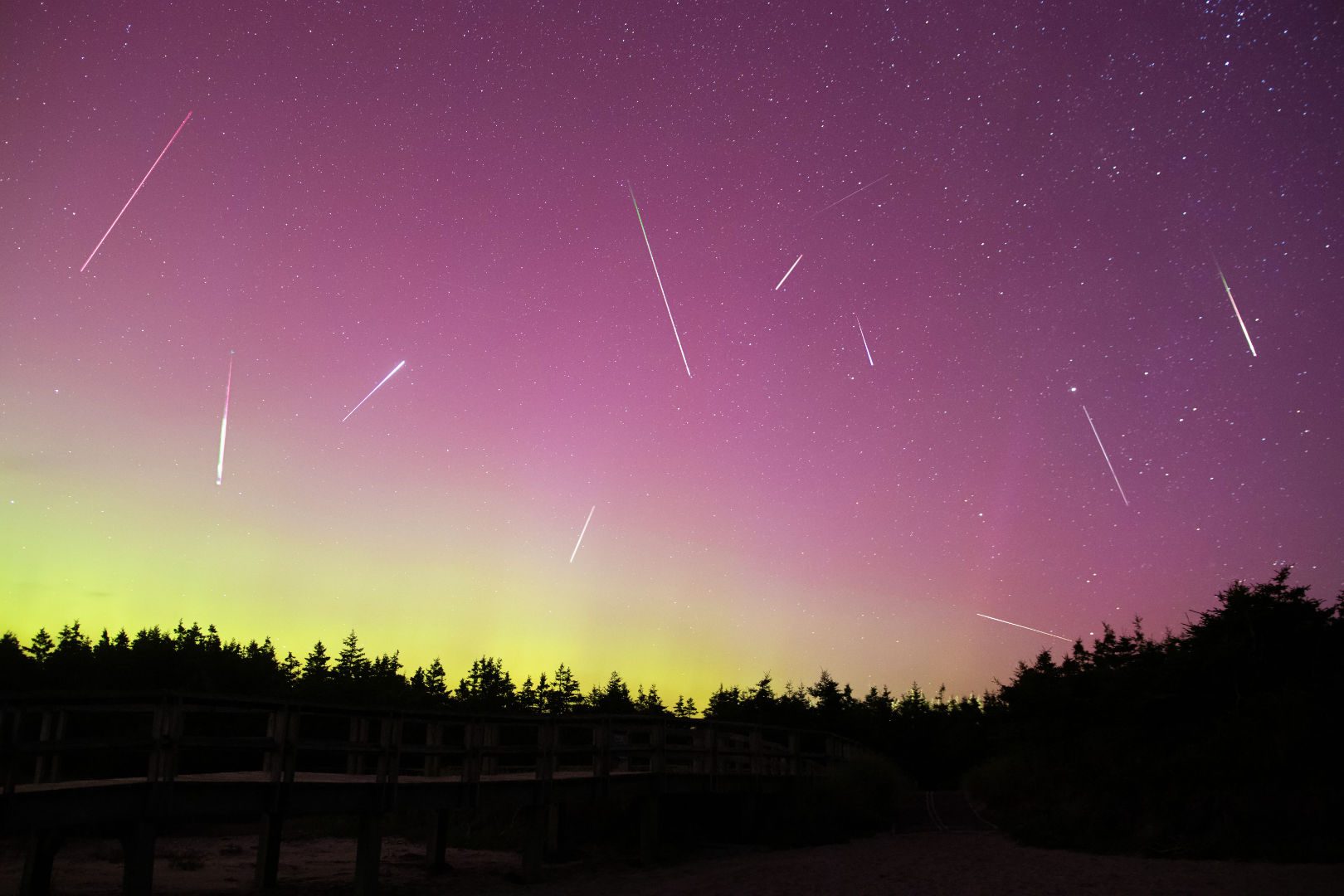 Perseids and the aurora Gaurav Singh, Clam Harbor, Nova Scotia, Canada, 12 August 2024 Equipment: Canon EOS 5D Mk III camera, Sigma 14mm lens