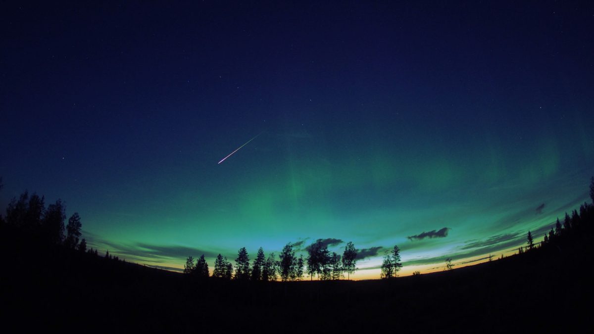 Aurora and perseid Olli Reijonen, Syrjävaara, Finland, August 12 2022 Equipment: Olympus M-D E-M 5 Camera, 8mm fisheye lens, tripod