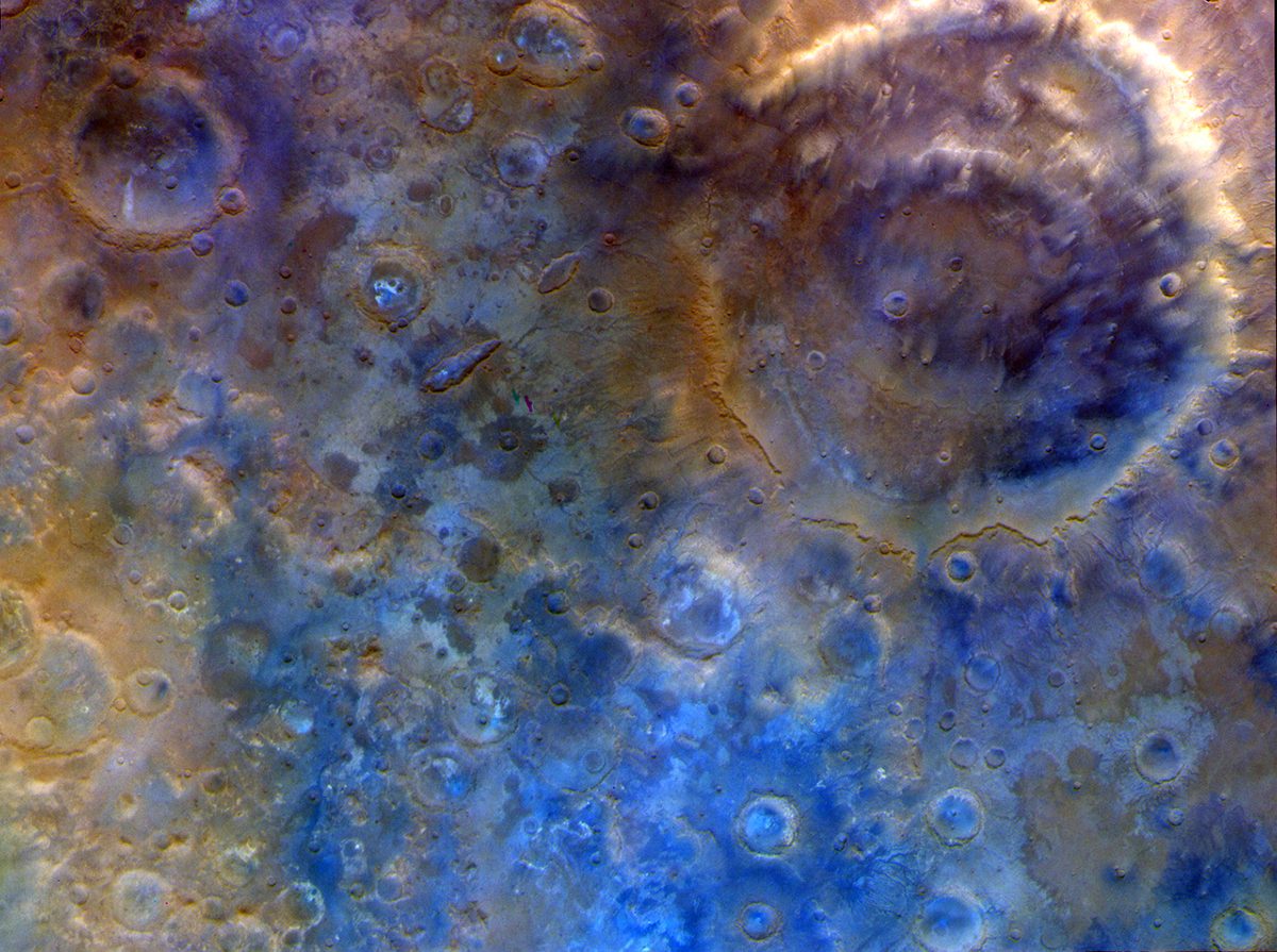A false-colour view of Mars using data captured by NASA's Psyche spacecraft as it flew by the planet on 15 May 2026. Top right is the double-ring crater Huygens, measuring , or 470 km (290 miles) in diameter. Credit: NASA/JPL-Caltech/ASU