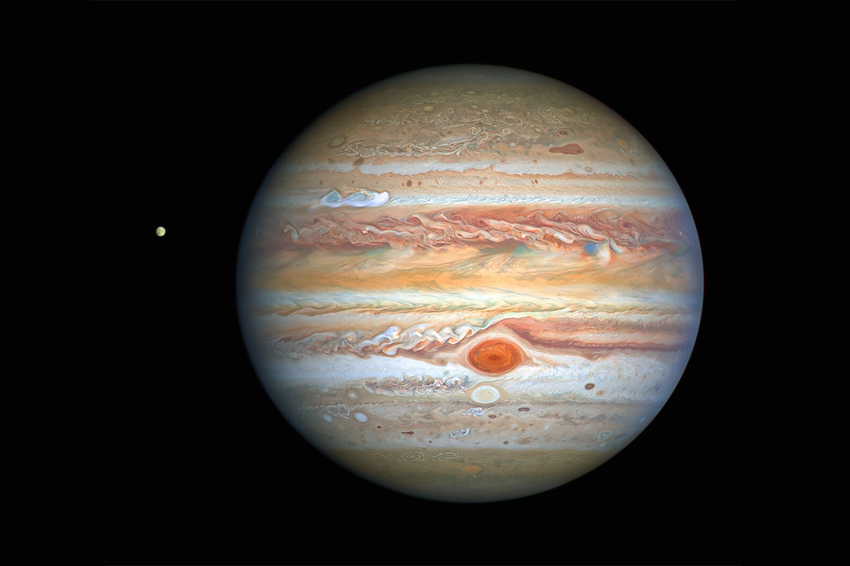 A view of Jupiter and its moon Europa captured on 25 August 2020 by the Hubble Space Telescope. Credit: NASA, ESA, A. Simon (Goddard Space Flight Center), and M. H. Wong (University of California, Berkeley) and the OPAL team.