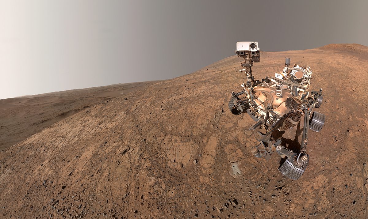 NASA Perseverance rover selfie at Witch Hazel Hill on Jezero Crater’s rim, 10 May 2025. Visible is a borehole made when Perseverance collected a sample that could one day be returned to Earth. Credit: NASA/JPL-Caltech/MSSS