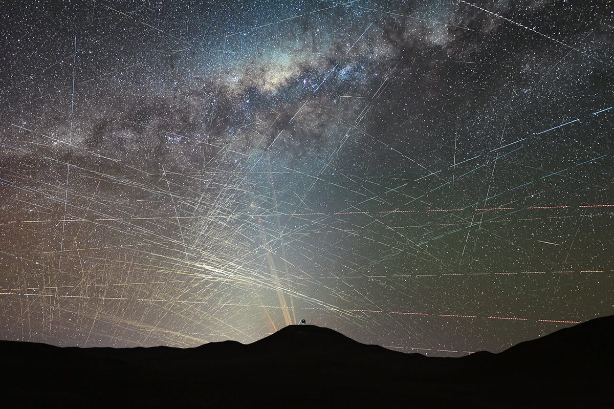 Image showing satellites in the night sky above the Atacama Desert in Chile, over a period of one hour, 15 October 2025. Credit: F. Kamphues, ESO/M. Kornmesser