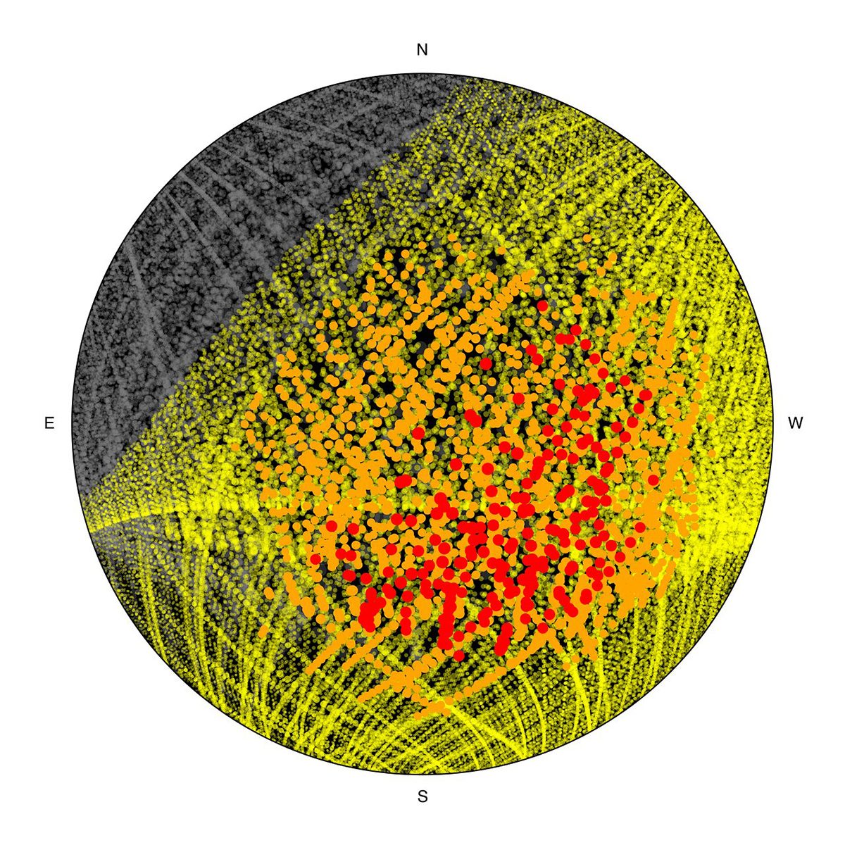 Diagram produced by the European Southern Observatory predicting the number of satellites visible above the Very Large Telescope if SpaceX launches a planned constellation of 1 million satellites. Credit: ESO/O. Hainaut