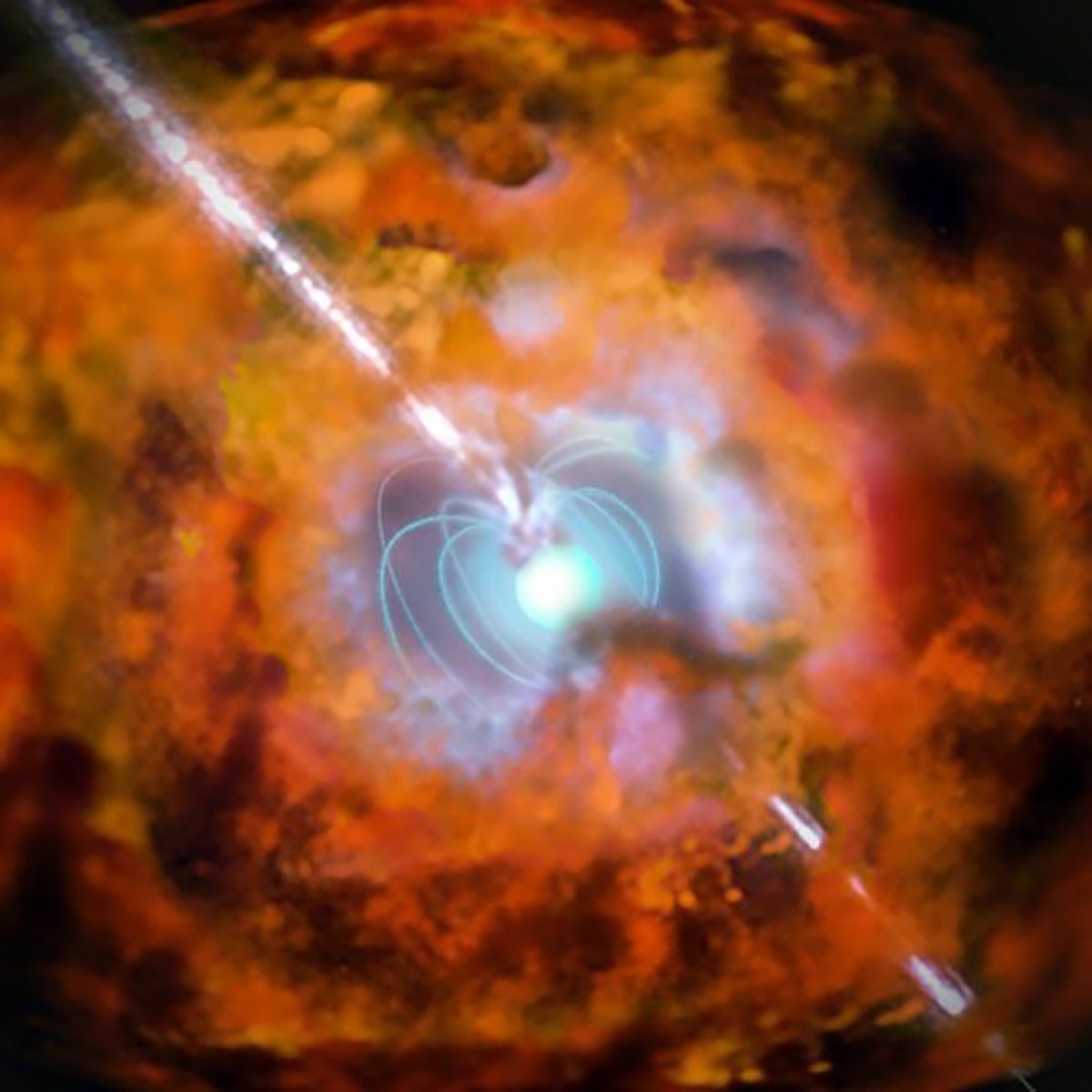 Artist's impression of a supernova and associated gamma-ray burst driven by a rapidly spinning neutron star. Credit: Center for Astrophysics | Harvard & Smithsonian (CfA)