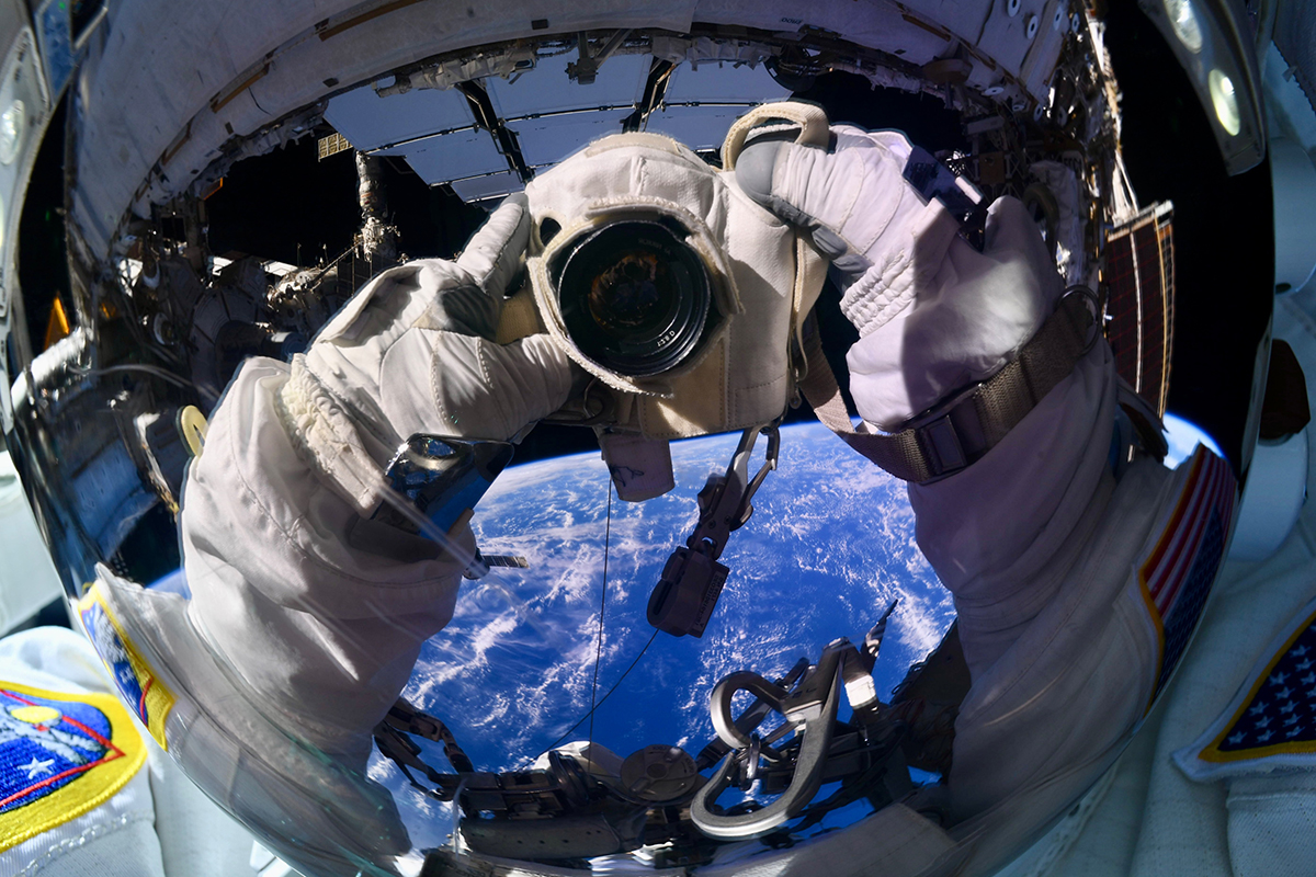 A selfie captured by NASA astronaut Jessica Meir during a spacewalk on the International Space Station, September 1, 2026. Credit: NASA