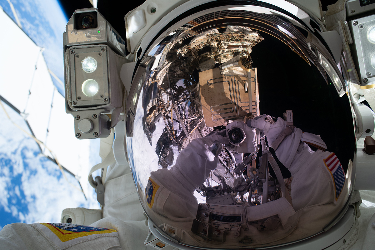 NASA astronaut Jessica Meir captures a selfie during a spacewalk on the International Space Station, September 1, 2026. Credit: NASA