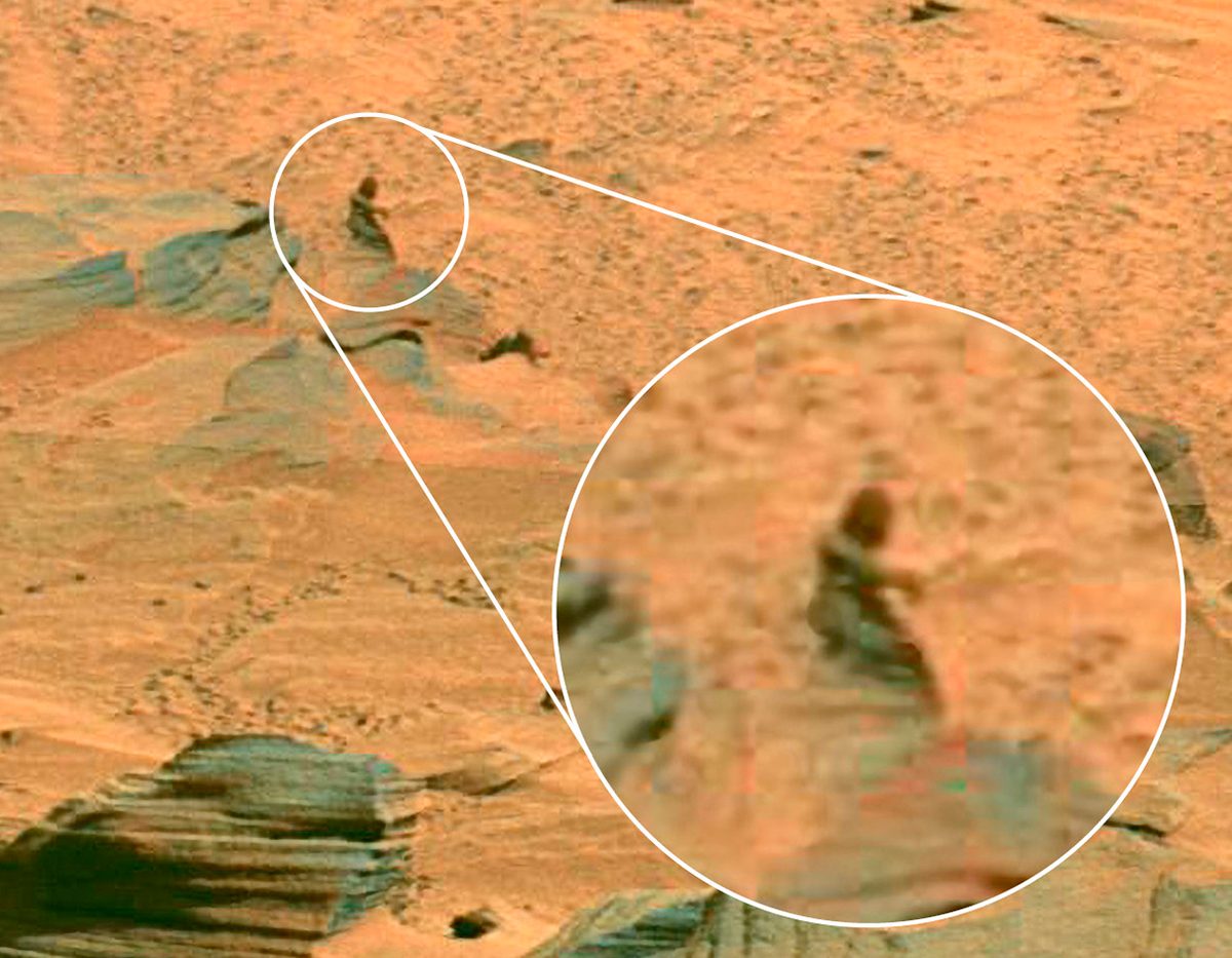 Martian rover Spirit captured this image in 2007. The dark ‘female figure’ is, in reality, just an oddly shaped rock. NASA/JPL-Caltech/Cornell University