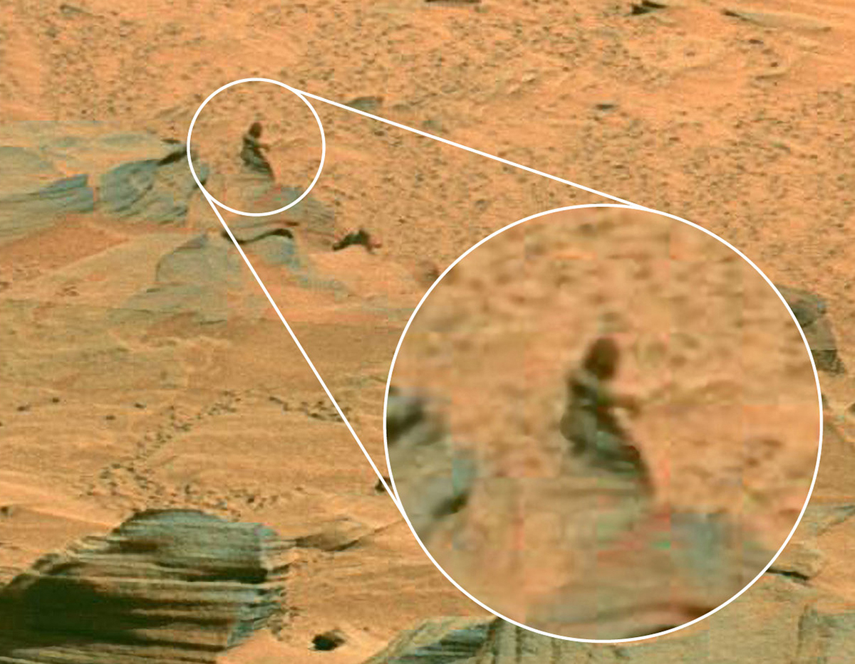 Martian rover Spirit captured this image in 2007. The dark ‘female figure’ is, in reality, just an oddly shaped rock. NASA/JPL-Caltech/Cornell University