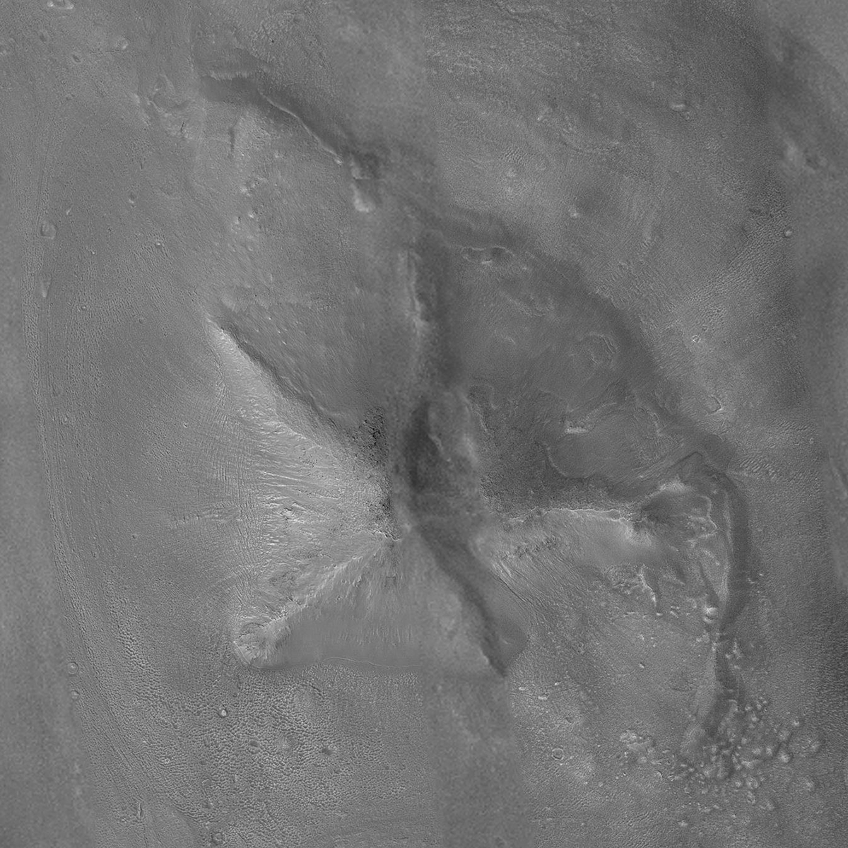 In 2003, the Mars Global Surveyor captured this image of the so-called ‘Candor Tetrahedron’. Credit: NASA/JPL/Malin Space Science Systems