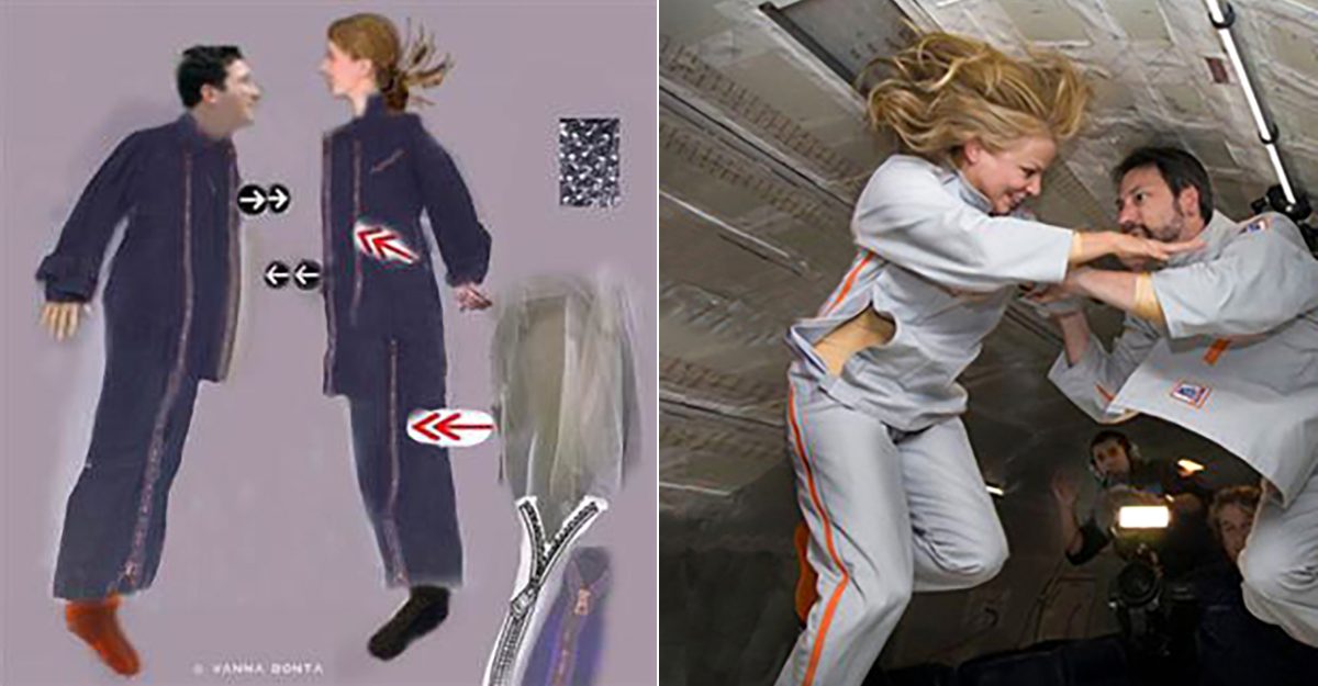 Left, a prototype of the 2Suit. Right, creator Vanna Bonta testing the 2suit during a parabolic flight. Credit: Vanna Bonta, Steve Boxall