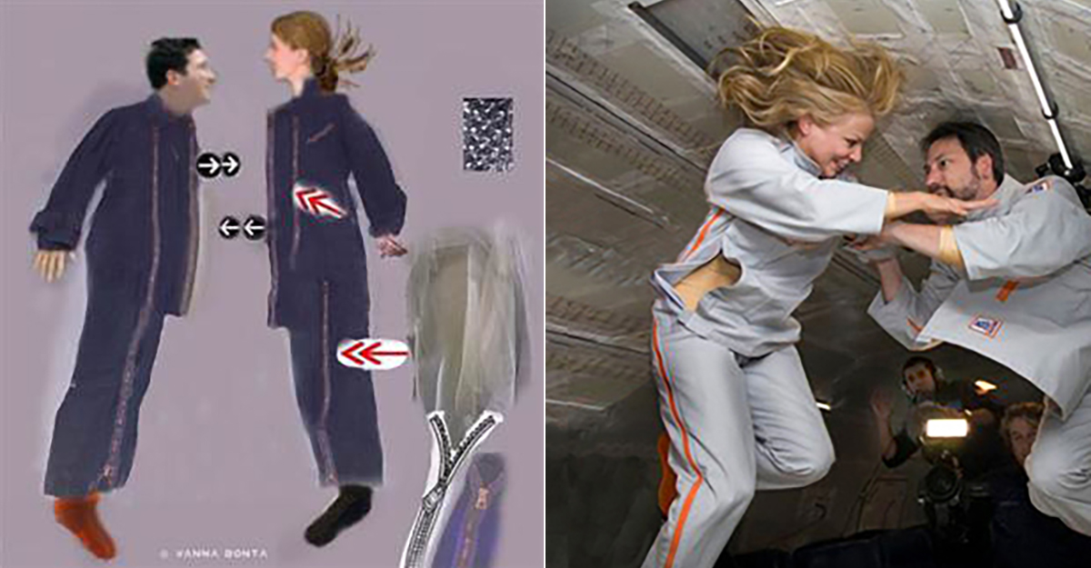 Left, a prototype of the 2Suit. Right, creator Vanna Bonta testing the 2suit during a parabolic flight. Credit: Vanna Bonta, Steve Boxall