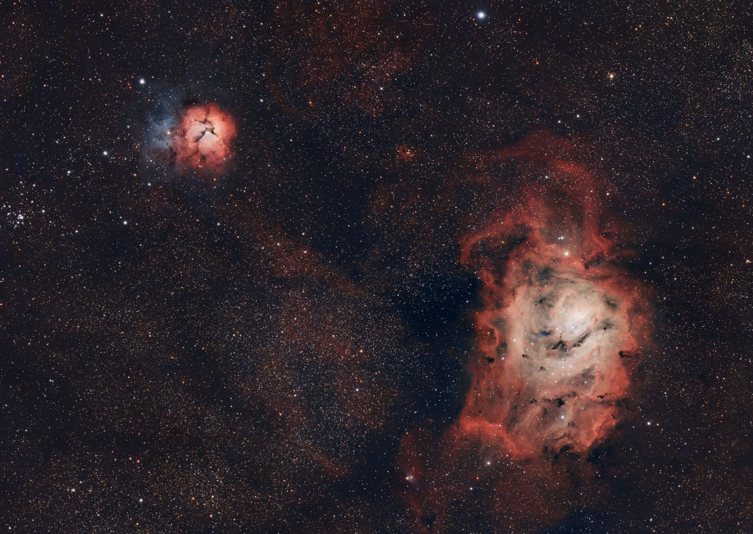 The Trifid and Lagoon Nebulae Sara Filia, Sinnai, Sardinia, Italy, 8-14 June 2026 Equipment: ZWO ASI294MC Pro camera, Tecnosky 80/480 FPL53 OWL refractor, Sky-Watcher AZ-EQ6 Pro mount