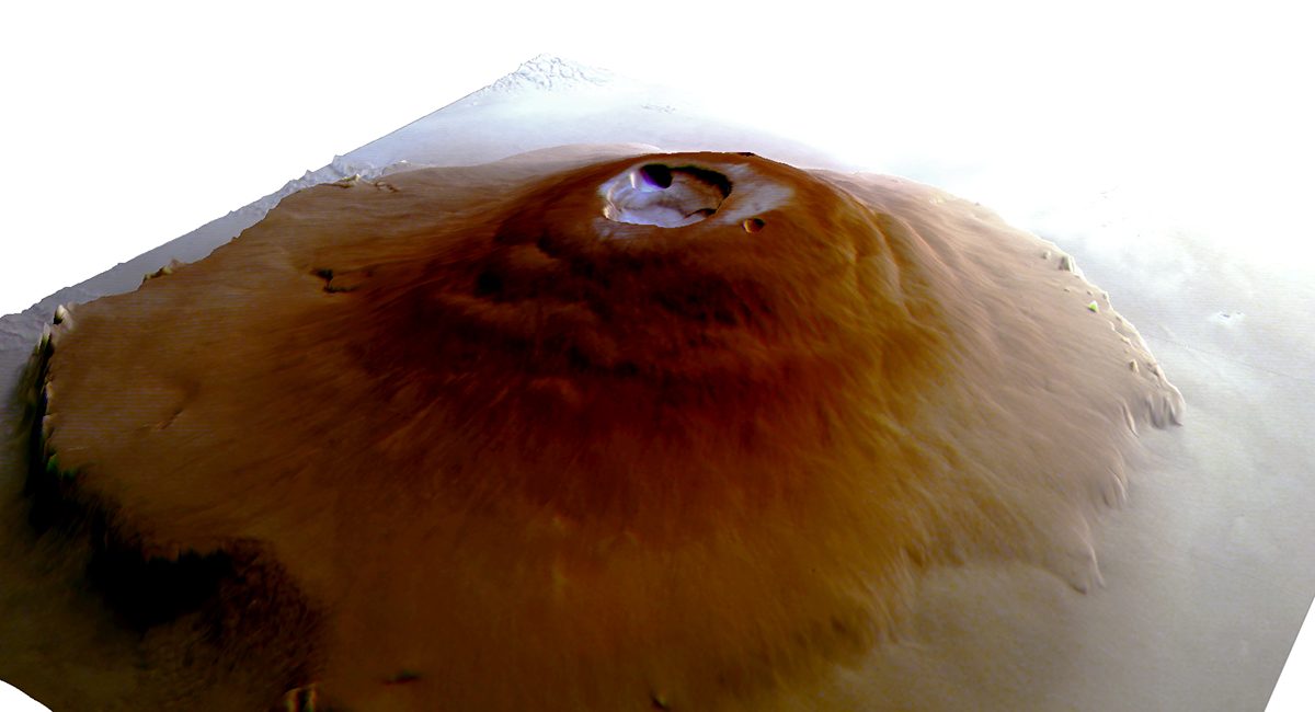 Simulated view of Olympus Mons, captured by the Mars Express orbiter and showing water frost on top of the volcano (in white-blue). Credit: ESA/DLR/FU Berlin (A. Valantinas)