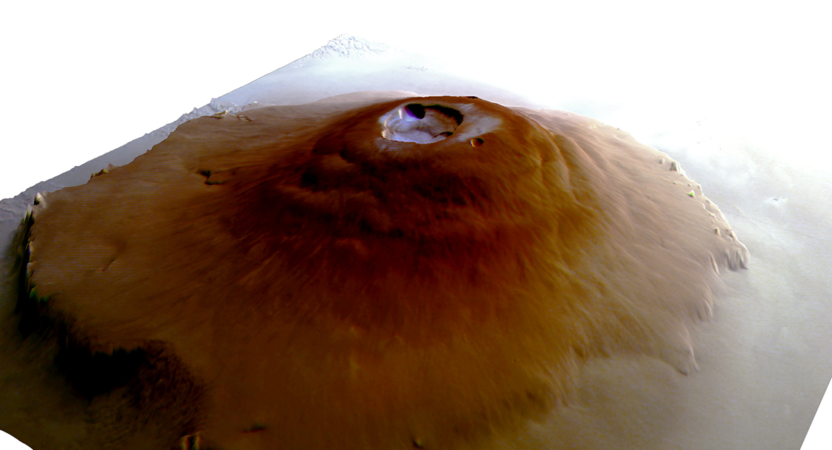 Simulated view of Olympus Mons, captured by the Mars Express orbiter and showing water frost on top of the volcano (in white-blue). Credit: ESA/DLR/FU Berlin (A. Valantinas)