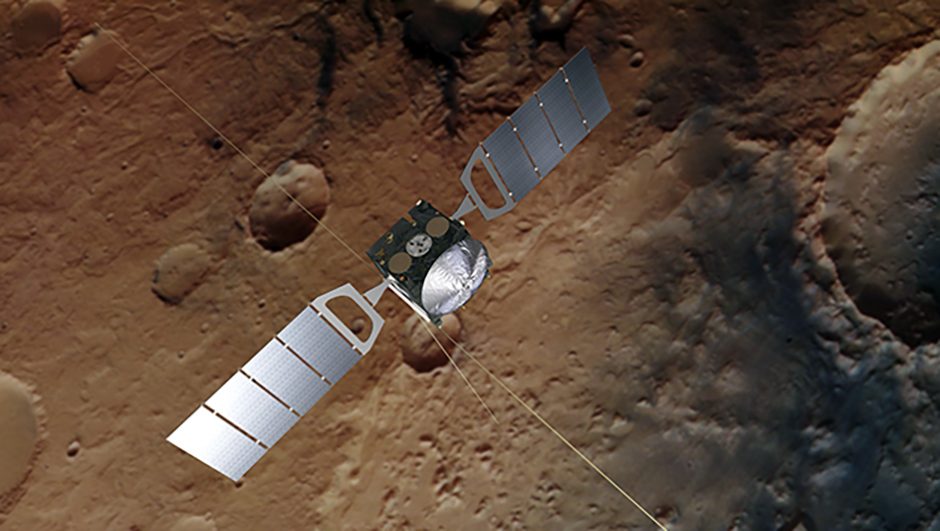 An artist’s impression of the Mars Express orbiter. Credit: ESA/ATG medialab; Mars: ESA/DLR/FU Berlin, CC BY-SA 3.0 IGO Carousel image: NASA/Greg Shirah