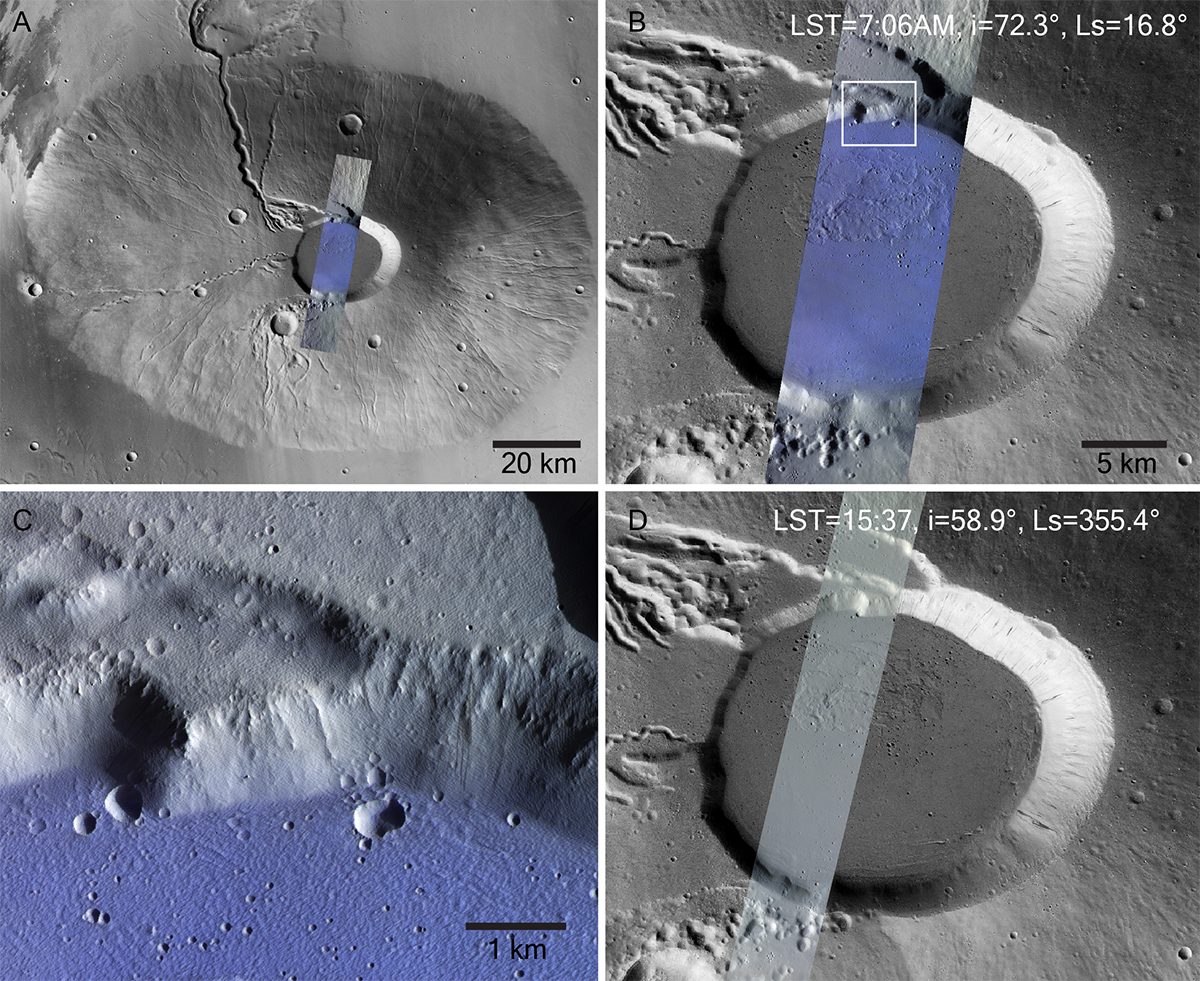 Four frames showing water frost on Ceraunius Tholus, a volcano on Mars, captured by the Mars Reconnaissance Orbiter. Frost is seen in blue, with each frame zooming in more. Frame D shows the same region at a different time, when no frost is present. Credit: ESA/TGO/CaSSIS, CC-BY-SA 3.0 IGO