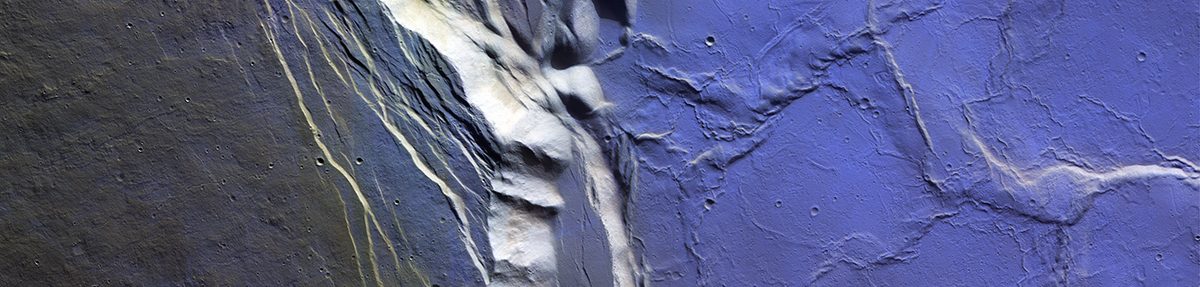 Water ice frost appears blue in this false-colour image of Olympus Mons, captured by the ExoMars Trace Gas Orbiter. Credit: ESA/TGO/CaSSIS, CC-BY-SA 3.0 IGO