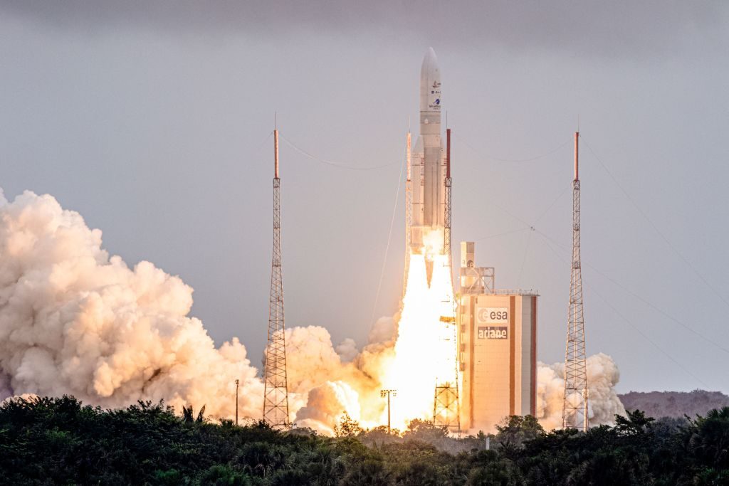 The launch of the James Webb Space Telescope aboard Arianespace's Ariane 5 rocket from French Guiana on 25 December 2021. Credit: Jody Amiet/AFP via Getty Images