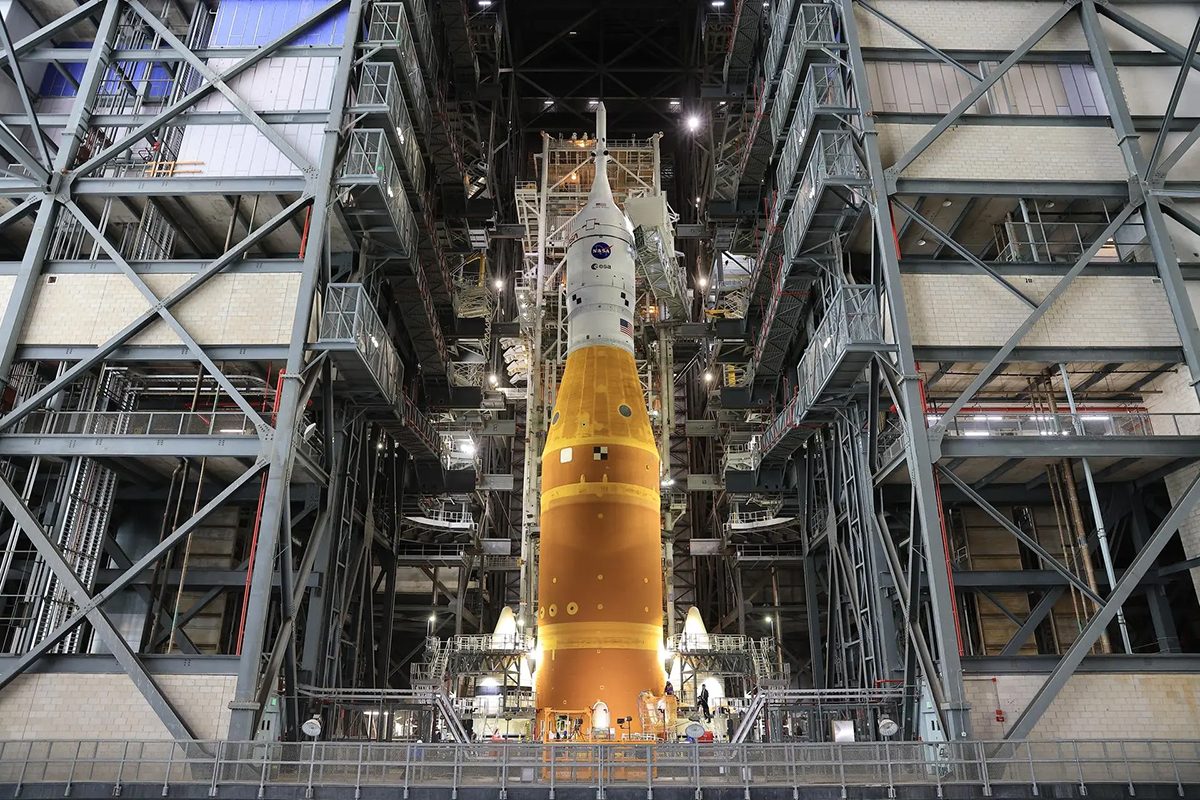 NASA’s Artemis II Space Launch System at NASA’s Kennedy Space Center in Florida, USA – almost as close to the equator as you can get, without leaving the USA! Credit: NASA/Kim Shifflett