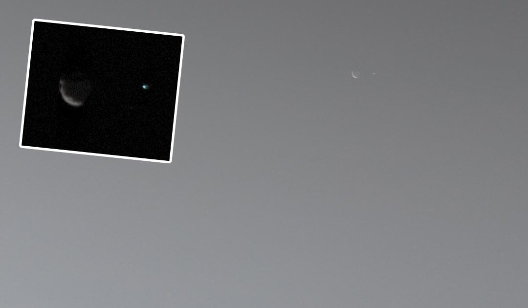 A view of Mars moon Phobos (left) and Earth (right captured from the surface of Mars by NASA's Curiosity rover. Inset shows a close-up view. Credit: NASA/JPL-Caltech/MSSS