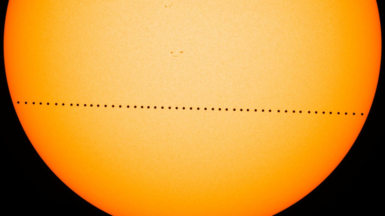 Composite image of Mercury transiting across the sun on 9 May, 2016, as seen by HMI on NASA's Solar Dynamics Obersvatory. Credit: NASA/SDO Composite image of Mercury transiting across the sun on 9 May, 2016, as seen by HMI on NASA's Solar Dynamics Obersvatory. Credit: NASA/SDO