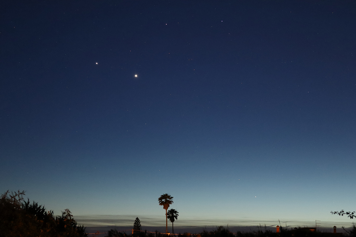 Venus, Jupiter, Mercury and Gemini are visible in this beautiful image captured Roberto Ortu from Cabras, Sardinia, Italy, 6 June 2026, 22:03 local time. "This is a photo clearly showing the planets Jupiter and Venus, which are increasingly close to the close conjunction on 9 June," says Roberto. "Also visible are the planet Mercury in the lower right and stars Castor and Pollux in the constellation Gemini at the top of the image." Equipment: Canon EOS R100 DSLR camera, RF-S 18-45mm lens Exposure: ISO 3200, f/6.3, focal length 45mm, 4s Software: Digital Photo Professional