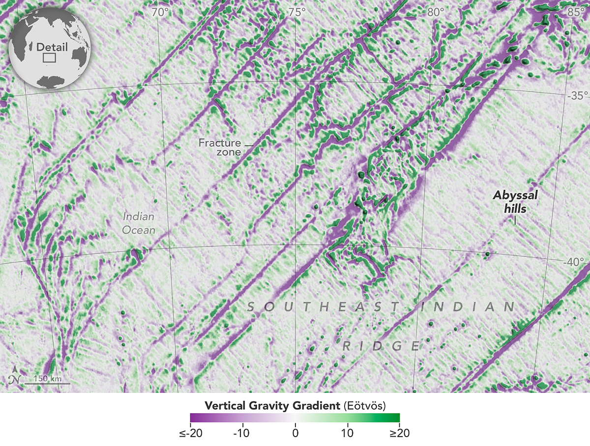 A map of the seafloor showing abyssal hills in the Indian Ocean, measured by the SWOT satellite. Credit: NASA Earth Observatory