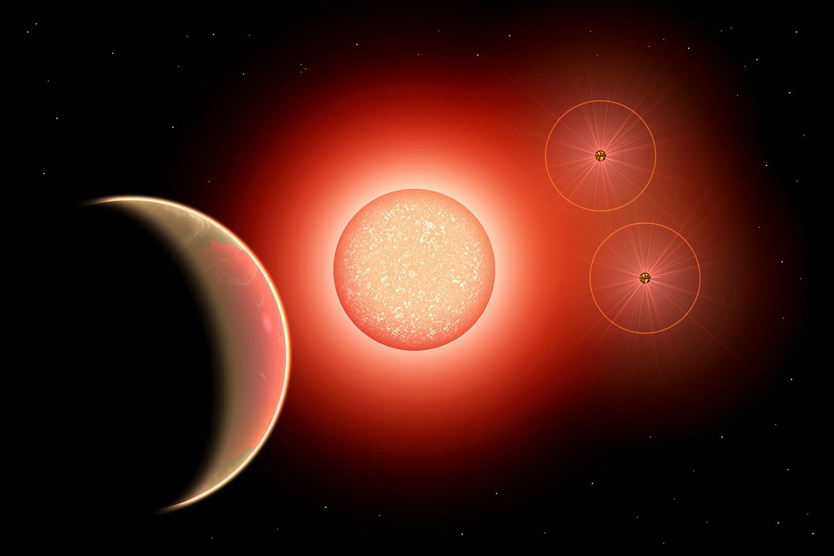 Artist's concept of a triple star system, with the primary star having a planet orbiting it. Credit: Mark Stevenson/Stocktrek Images