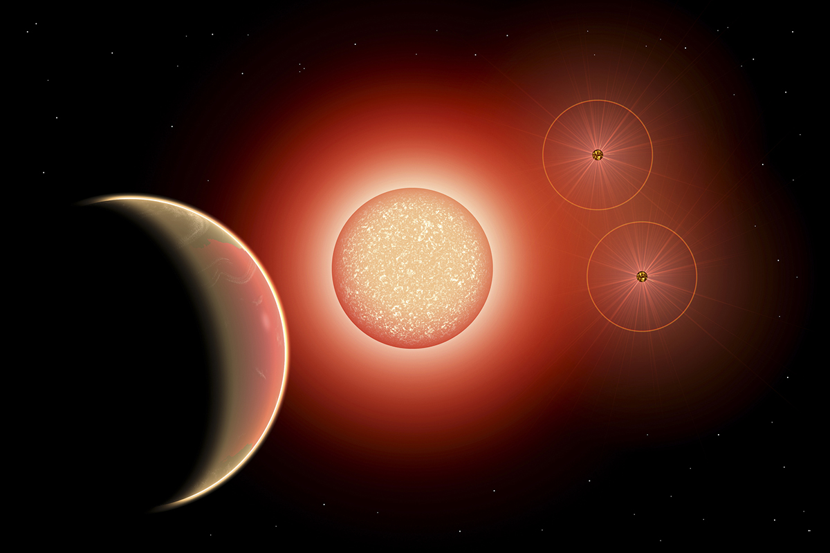 Artist's concept of a triple star system, with the primary star having a planet orbiting it. Credit: Mark Stevenson/Stocktrek Images