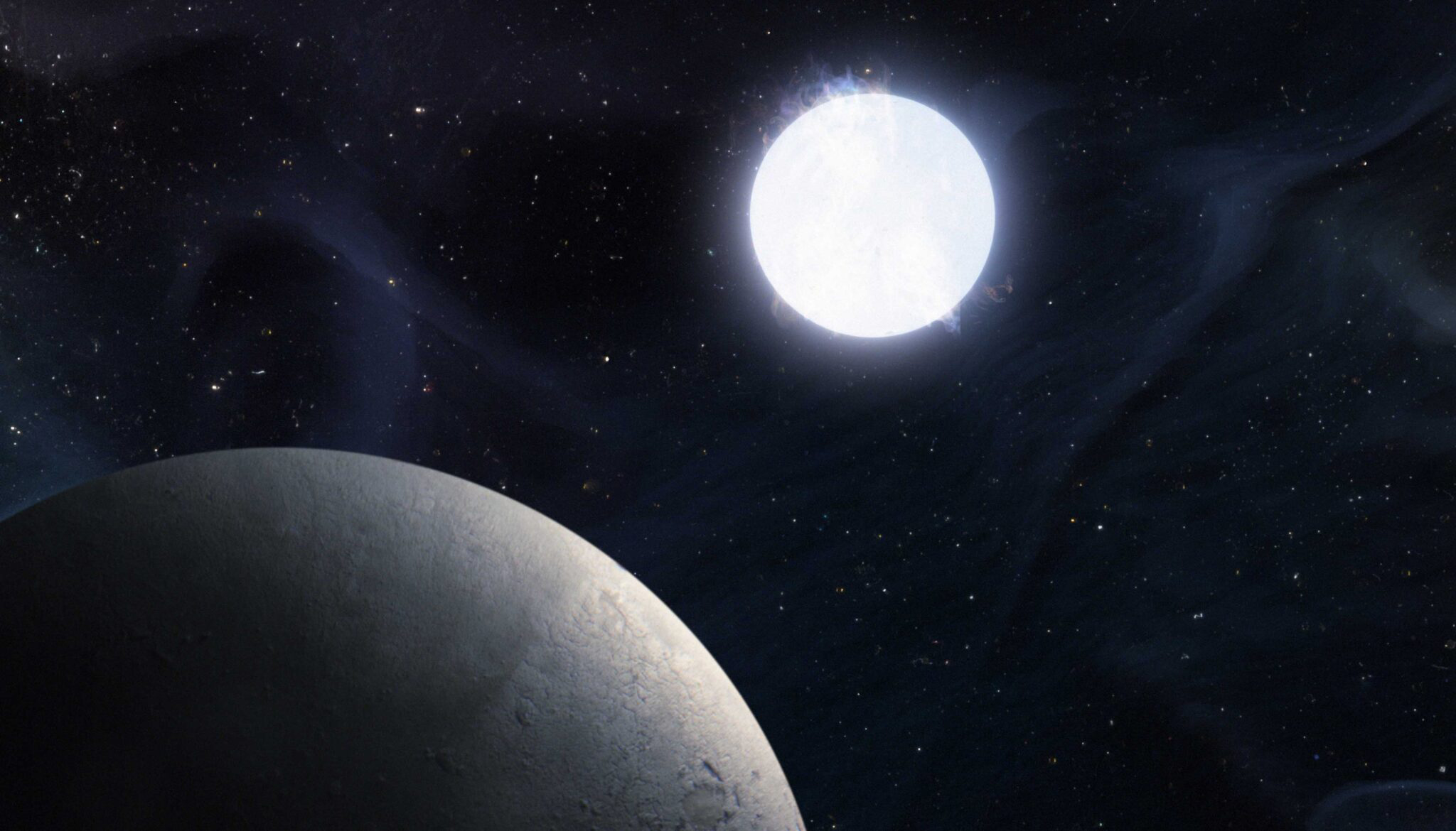 Artist's impression of a rocky planet like KMT-2020-BLG-0414L b orbiting a white dwarf. Crediti: W. M. Keck Observatory/Adam Makarenko
